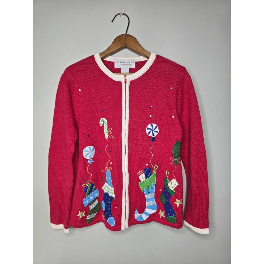 Vintage Tiara International Cardigan Stocking Christmas Holiday Sweater Womens M